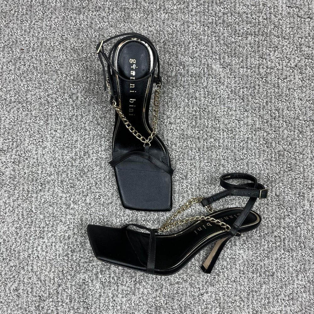 Gianni Bini Lukkah Sandals Womens 9 Black Leather Chain Ankle Strap Stiletto